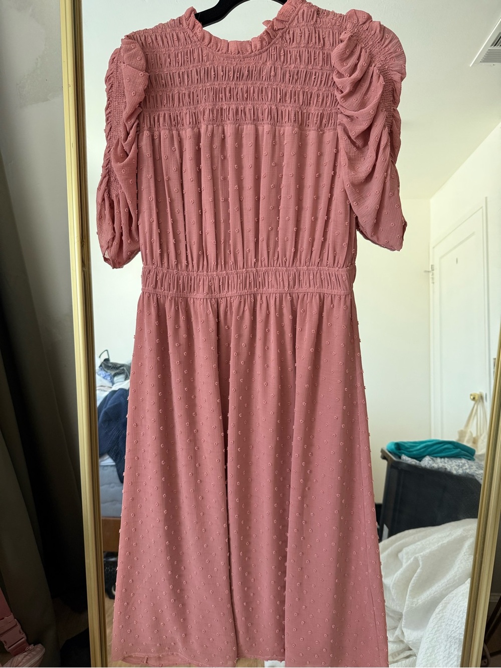 Moon River Rose Pink Smocked Puff-Sleeve Midi Dress